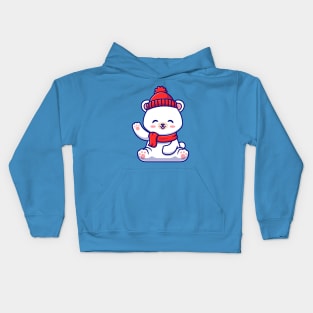 Cute Baby Polar Bear Winter Wearing Scarf Waving Hand  Cartoon Kids Hoodie